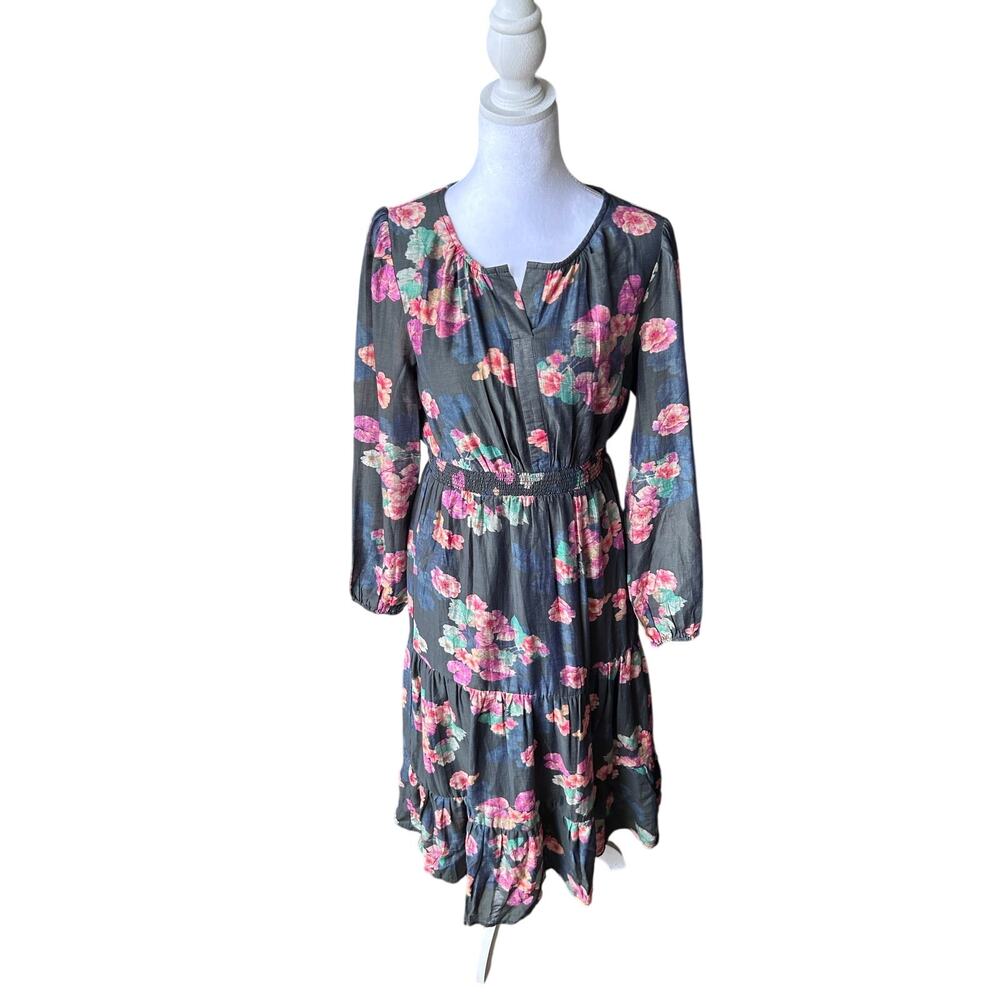 DressCloud Ten Gray Floral Long Sleeve Midi Dress Smocked Waist Split Neck Small